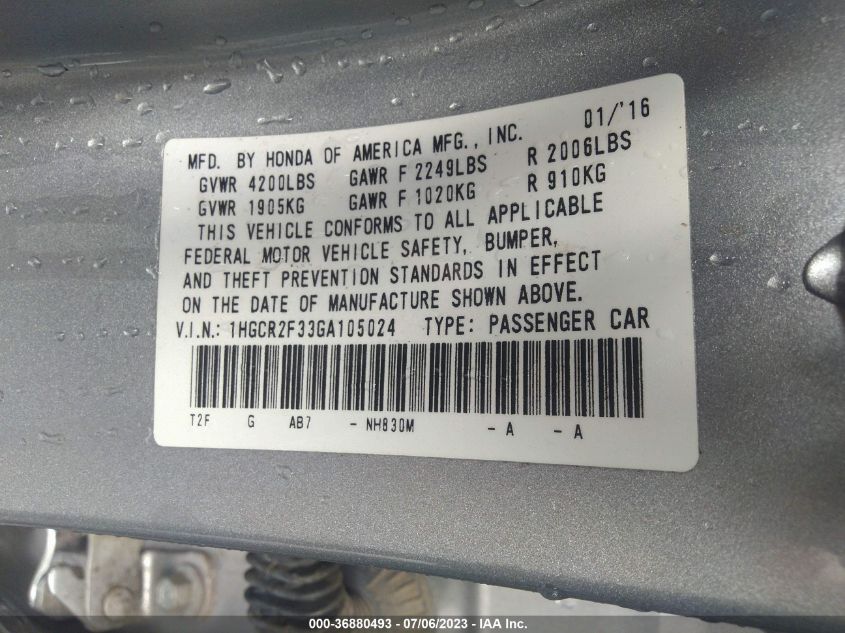 2016 HONDA ACCORD SEDAN LX - 1HGCR2F33GA105024