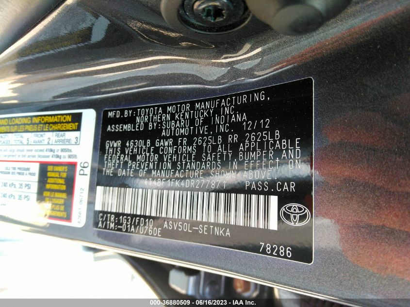 2013 TOYOTA CAMRY L/LE/SE/XLE - 4T4BF1FK4DR277871