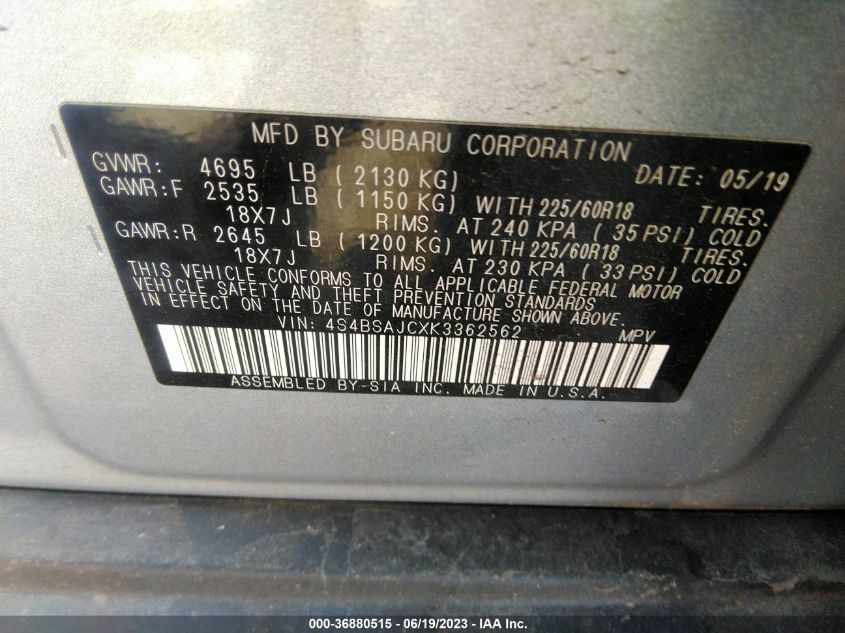 2019 SUBARU OUTBACK LIMITED - 4S4BSAJCXK3362562