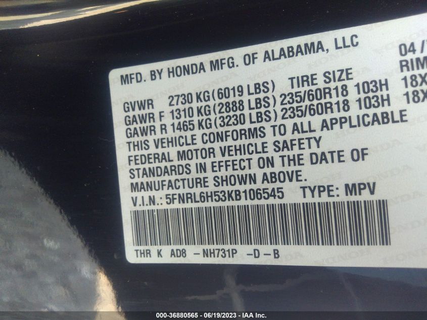 2019 HONDA ODYSSEY EX - 5FNRL6H53KB106545