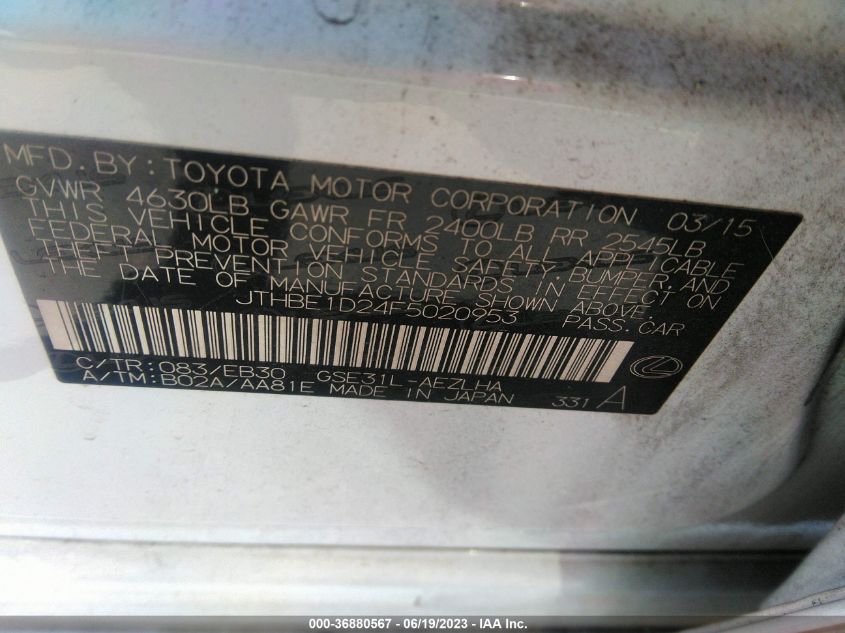2015 LEXUS IS 350 - JTHBE1D24F5020953
