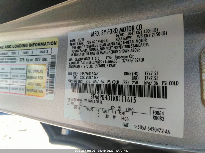 3FA6P0HD1KR111615 2019 FORD FUSION, photo no. 9