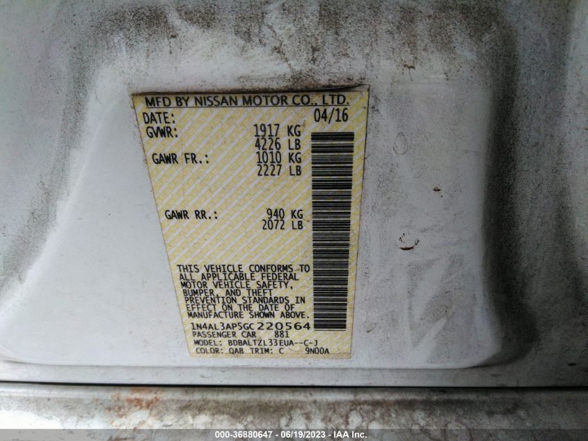 2016 NISSAN ALTIMA 2.5 SL - 1N4AL3AP5GC220564