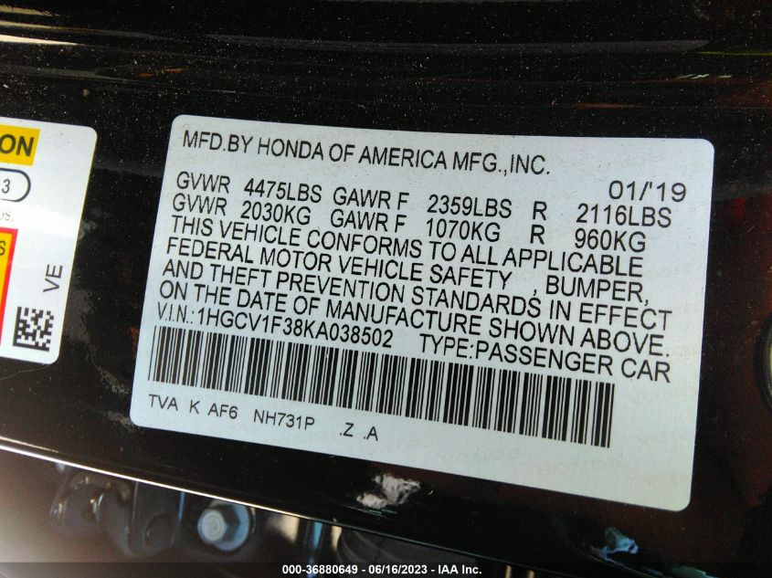 2019 HONDA ACCORD SEDAN SPORT 1.5T - 1HGCV1F38KA038502