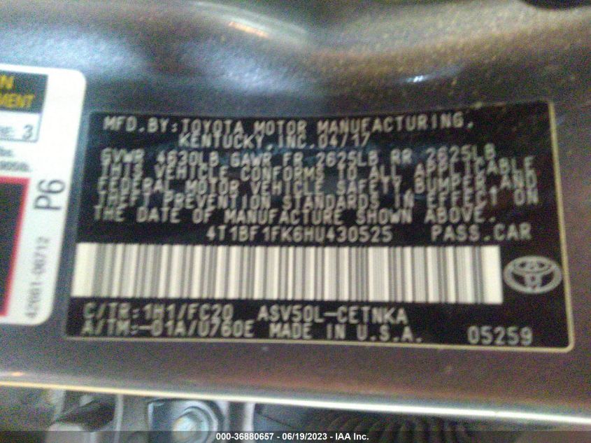 2017 TOYOTA CAMRY XLE/SE/LE/XSE - 4T1BF1FK6HU430525
