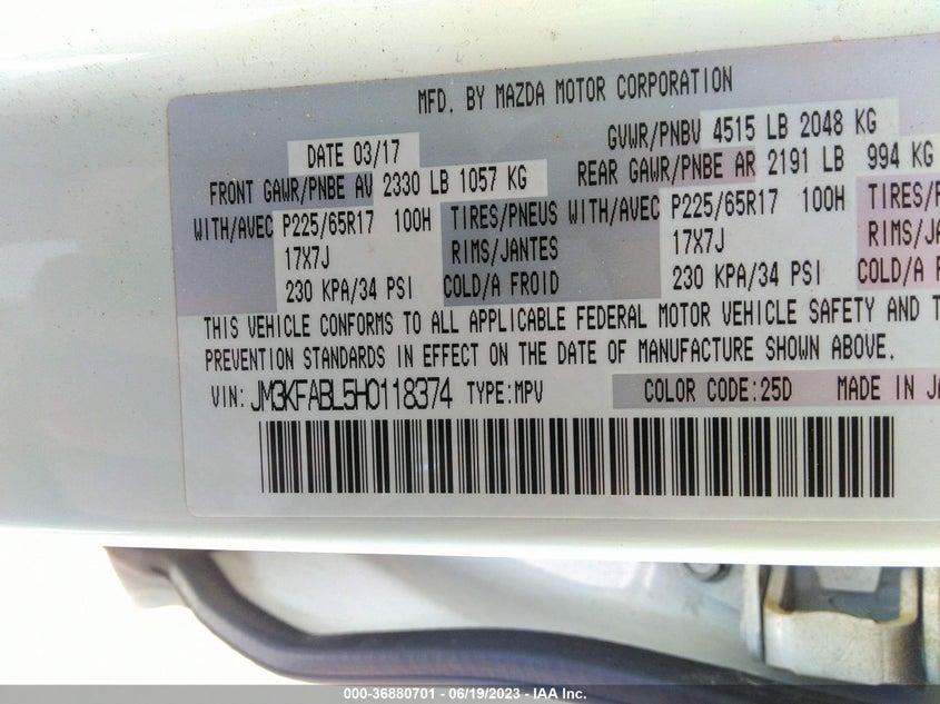 VIN JM3KFABL5H0118374 2017 MAZDA CX-5 SPORT