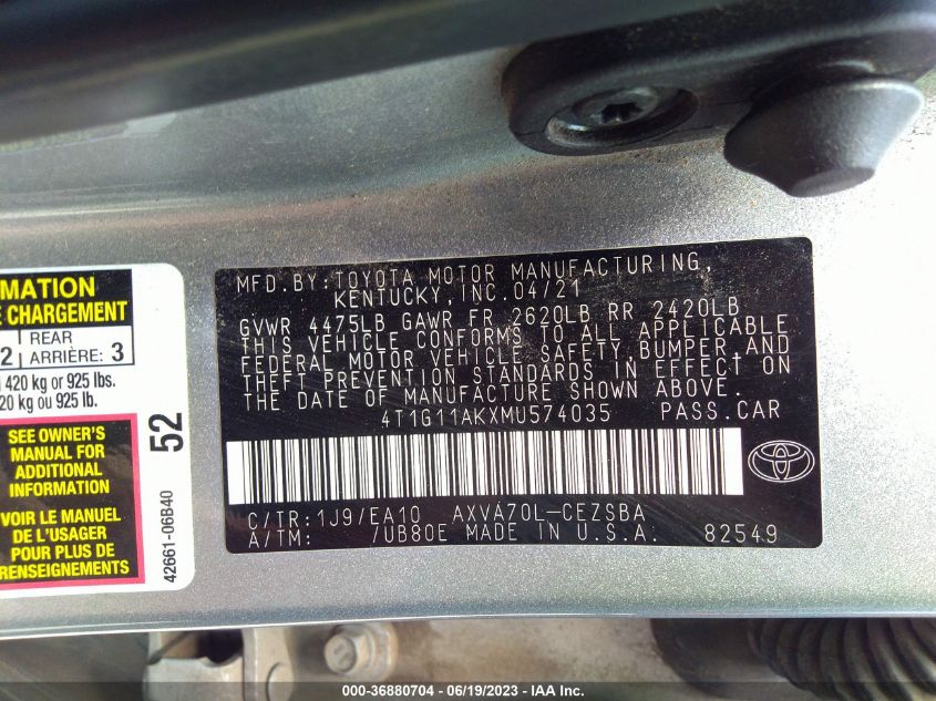2021 TOYOTA CAMRY SE/SE NIGHT SHADE - 4T1G11AKXMU574035