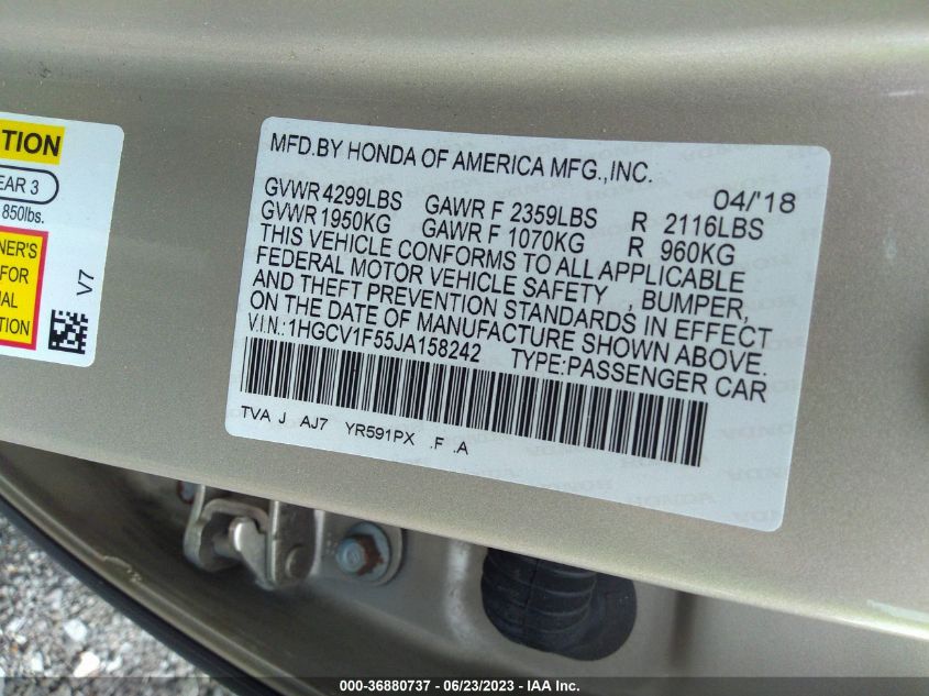 2018 HONDA ACCORD SEDAN EX-L 1.5T - 1HGCV1F55JA158242