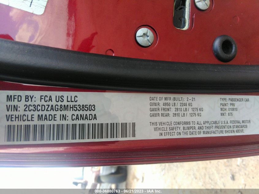 2021 DODGE CHALLENGER SXT - 2C3CDZAG8MH538503