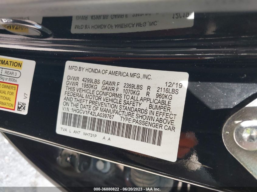 VIN 1HGCV1F42LA039767 2020 HONDA ACCORD SEDAN EX