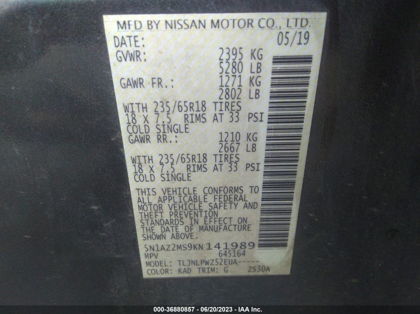 2019 NISSAN MURANO S - 5N1AZ2MS9KN141989
