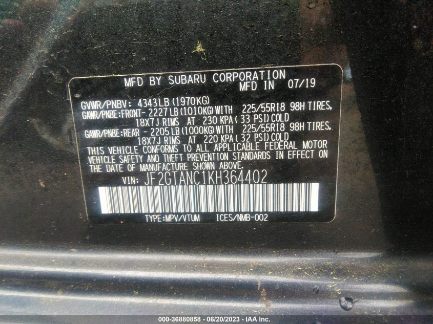 2019 SUBARU CROSSTREK LIMITED - JF2GTANC1KH364402