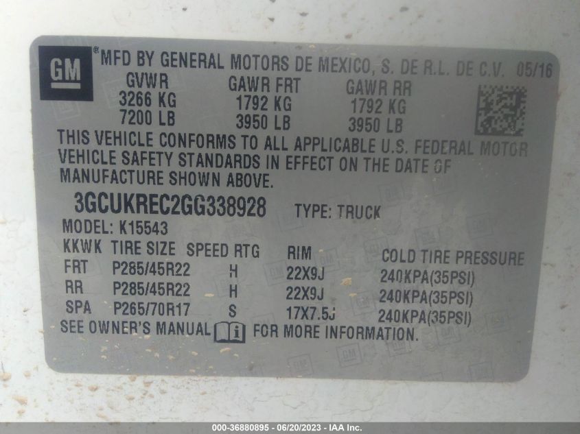 2016 CHEVROLET SILVERADO 1500 LT - 3GCUKREC2GG338928