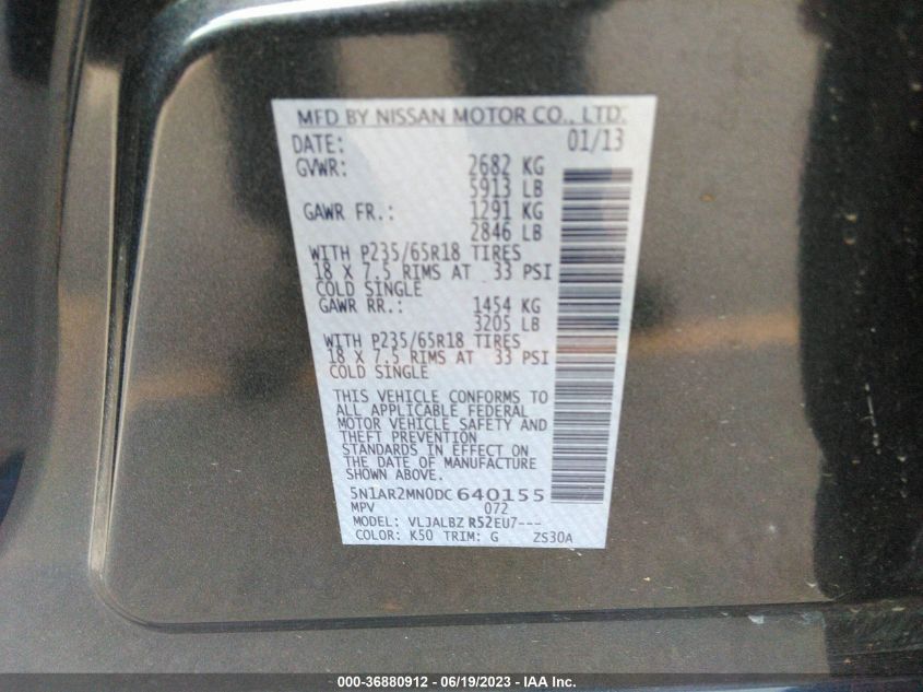 2013 NISSAN PATHFINDER S - 5N1AR2MN0DC640155