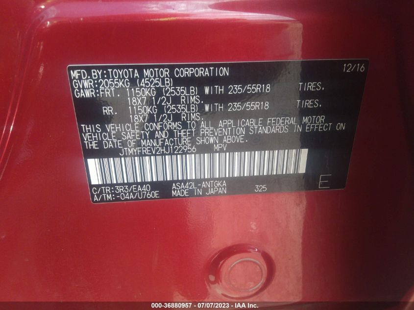 2017 TOYOTA RAV4 LIMITED - JTMYFREV2HJ122956