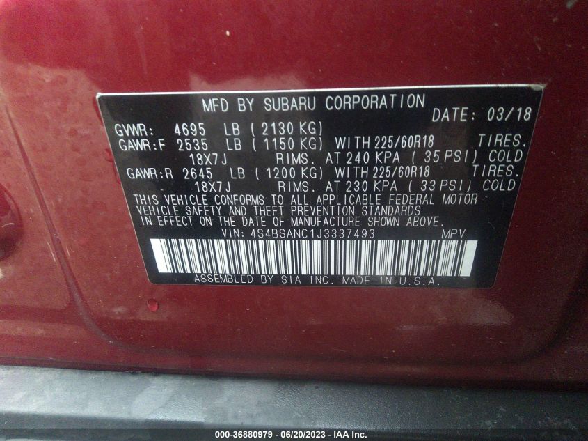 2018 SUBARU OUTBACK LIMITED - 4S4BSANC1J3337493