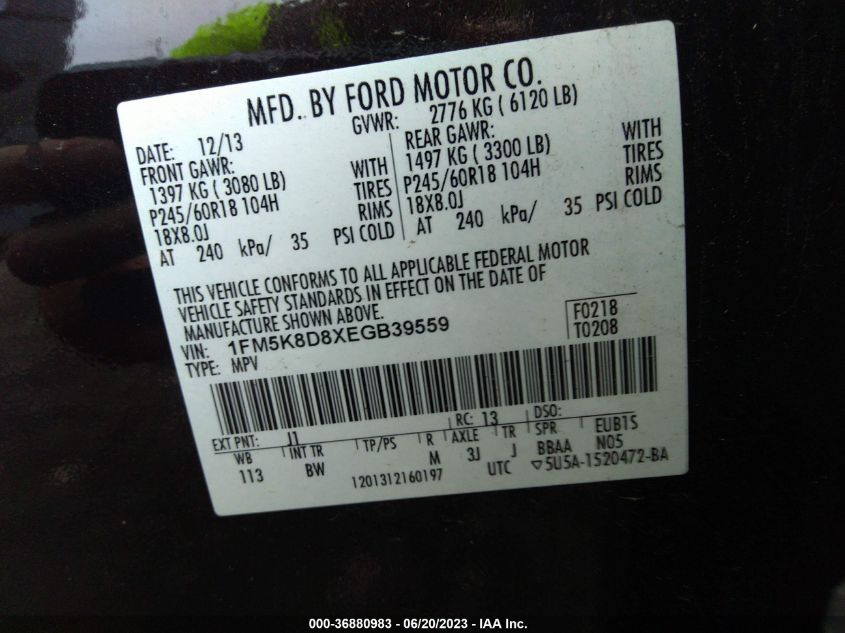 2014 FORD EXPLORER XLT - 1FM5K8D8XEGB39559