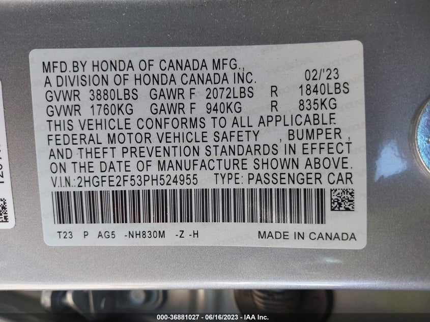 VIN 2HGFE2F53PH524955 2023 HONDA CIVIC SEDAN SPORT