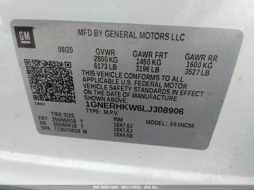 2020 CHEVROLET TRAVERSE LT LEATHER - 1GNERHKW6LJ308906