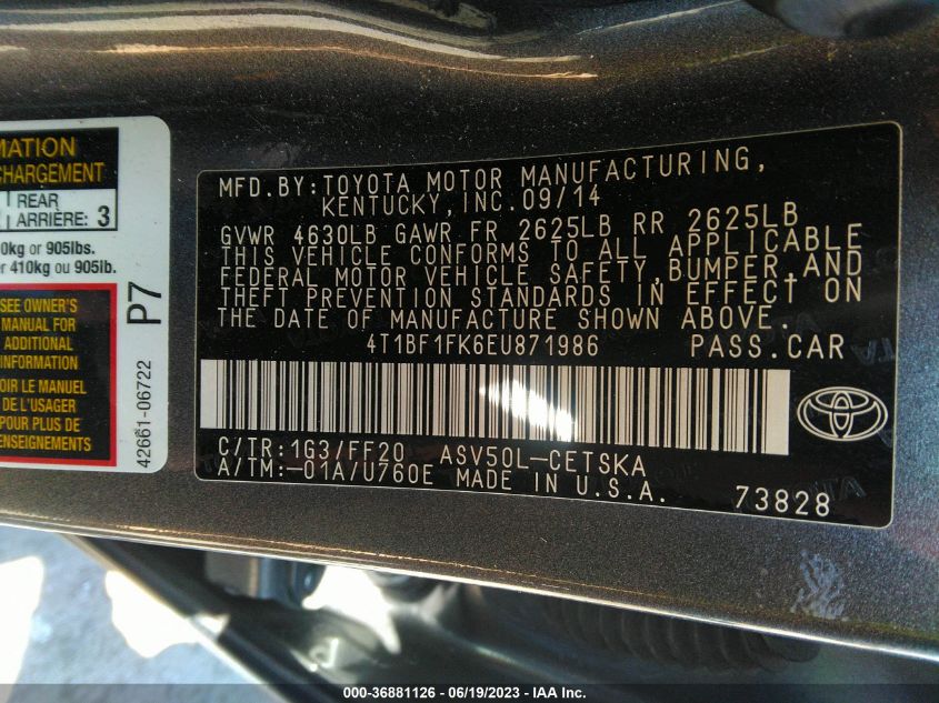 2014 TOYOTA CAMRY L/LE/XLE/SE/SE SPORT - 4T1BF1FK6EU871986