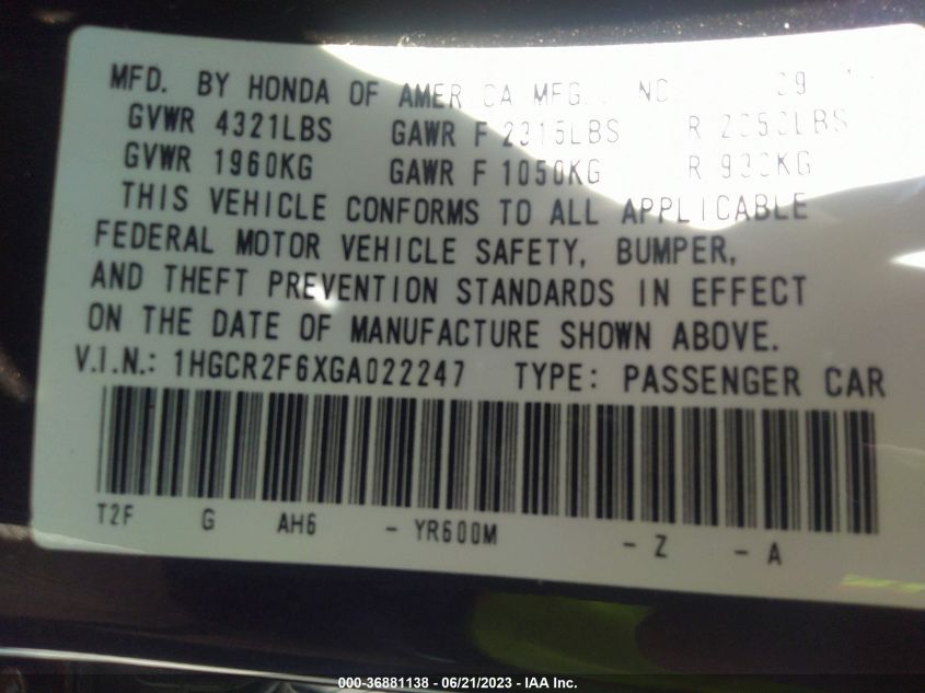 2016 HONDA ACCORD SEDAN SPORT - 1HGCR2F6XGA022247