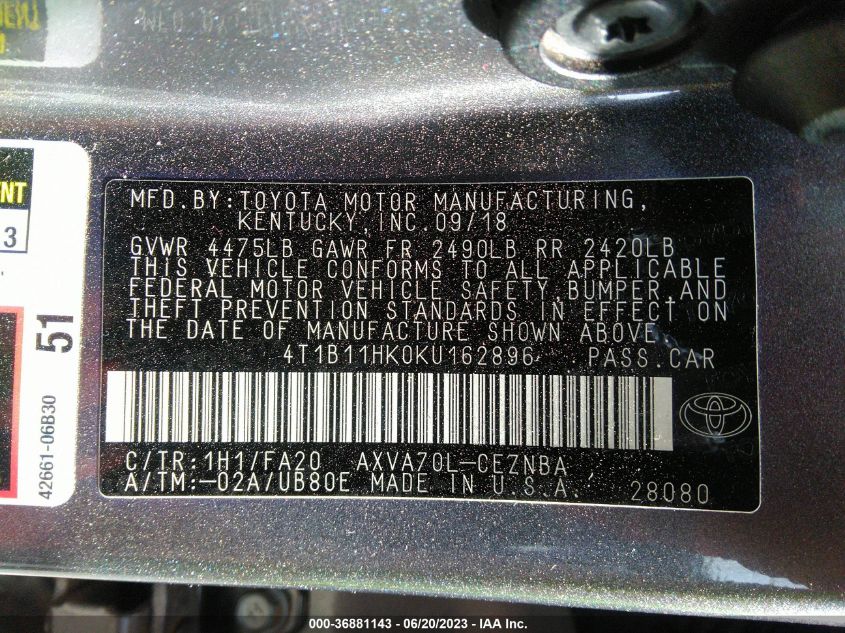 2019 TOYOTA CAMRY LE/SE/XLE/L - 4T1B11HK0KU162896