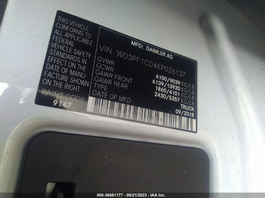 2019 MERCEDES-BENZ SPRINTER CARGO VAN WD3PF1CD4KP026137