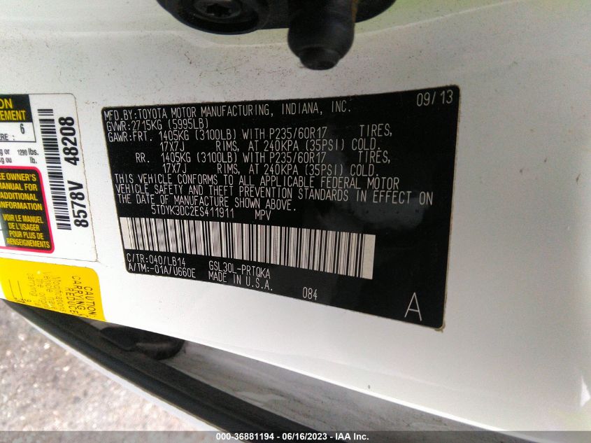 2014 TOYOTA SIENNA XLE/XLE AAS/LTD - 5TDYK3DC2ES411911