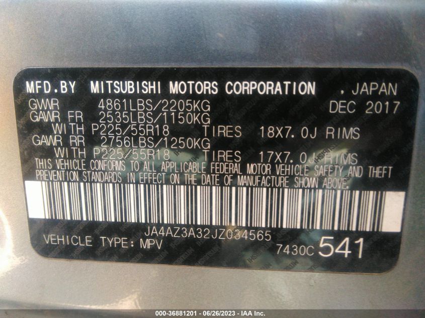 2018 MITSUBISHI OUTLANDER ES - JA4AZ3A32JZ034565