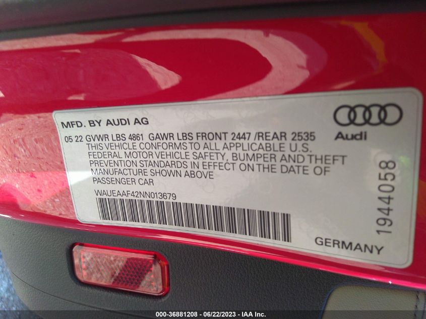 2022 AUDI A4 SEDAN S LINE PREMIUM PLUS - WAUEAAF42NN013679