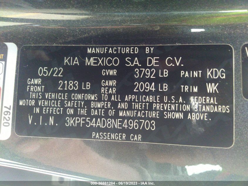 2022 KIA FORTE GT-LINE - 3KPF54AD8NE496703