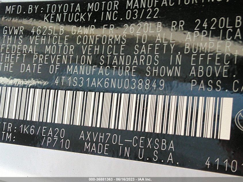 2022 TOYOTA CAMRY HYBRID - 4T1S31AK6NU038849