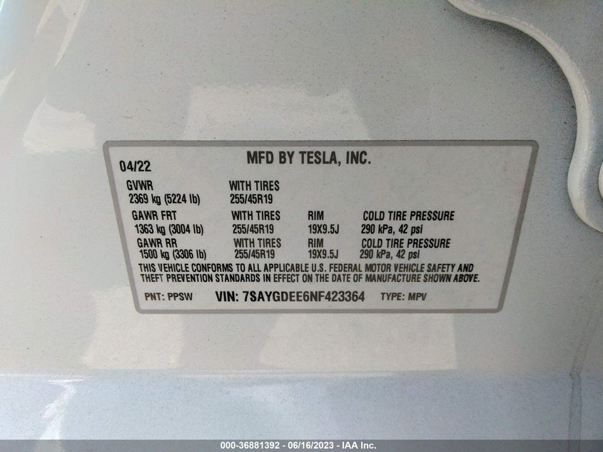 VIN 7SAYGDEE6NF423364 2022 TESLA MODEL Y LONG RANGE