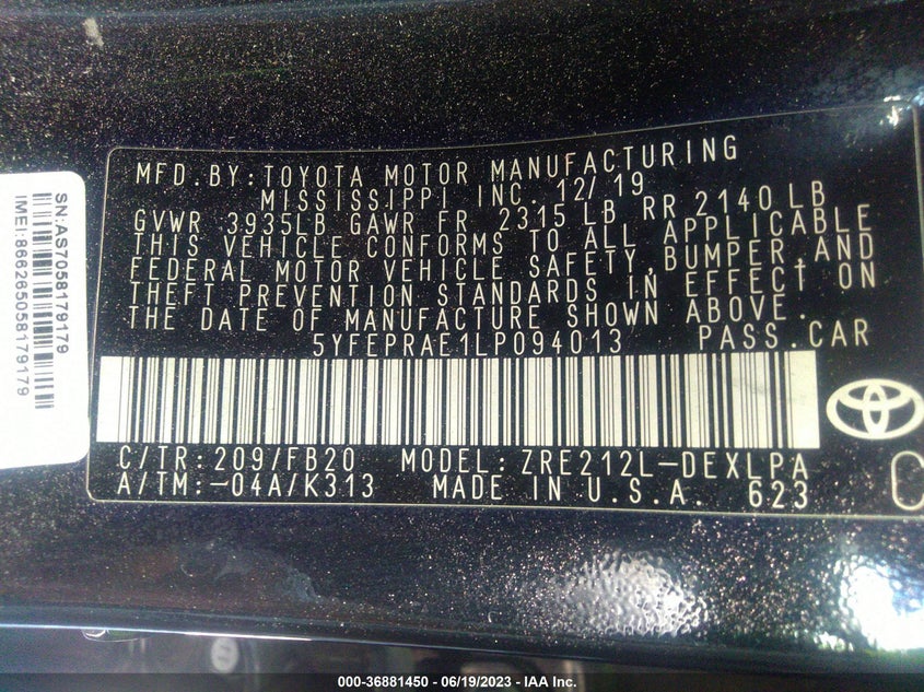 VIN 5YFEPRAE1LP094013 2020 TOYOTA COROLLA LE