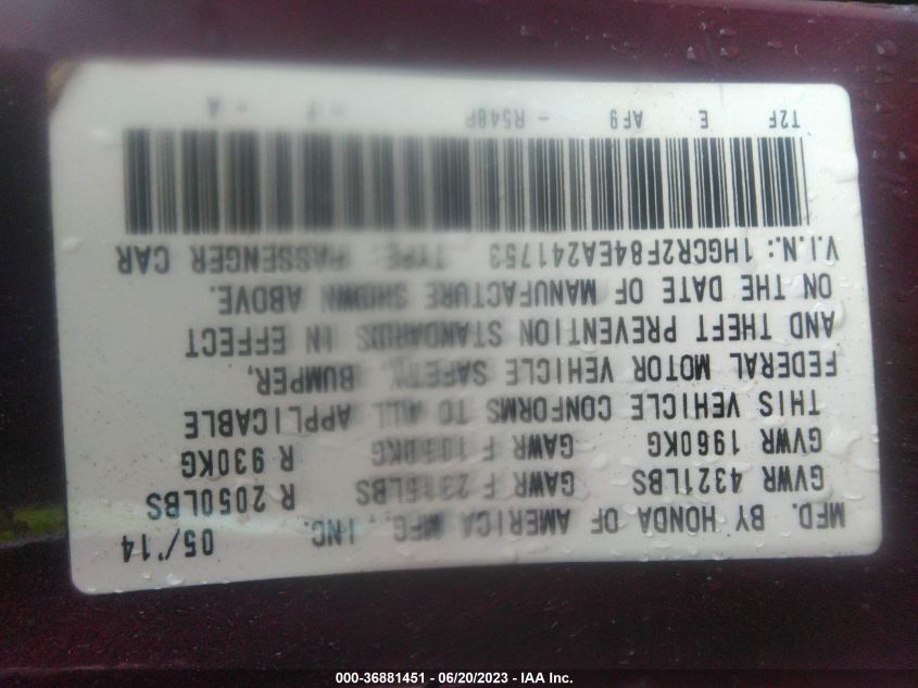 2014 HONDA ACCORD SEDAN EX-L - 1HGCR2F84EA241753