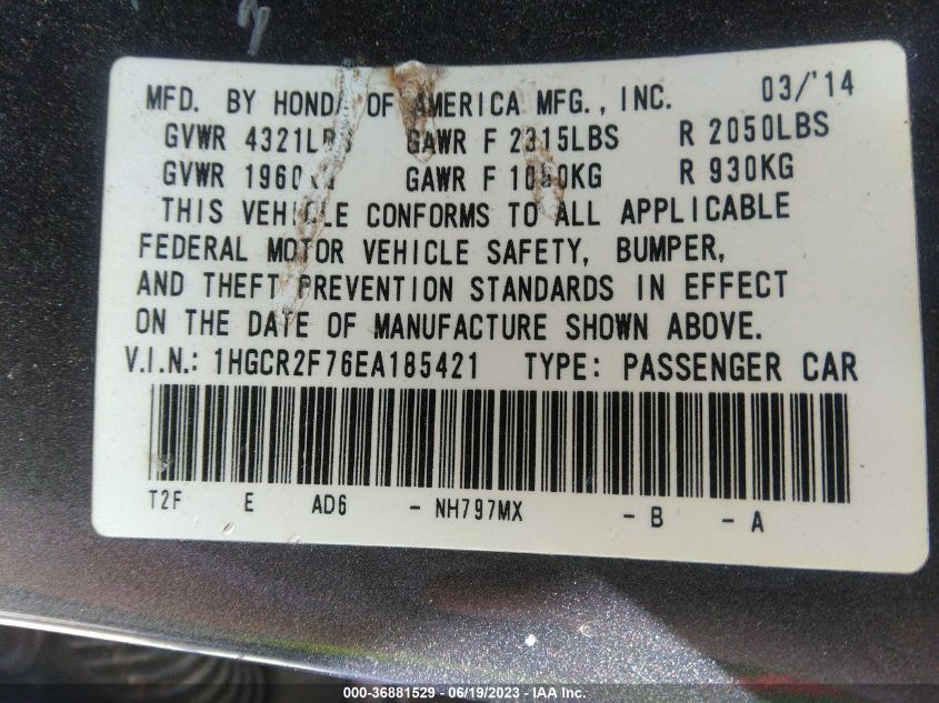 2014 HONDA ACCORD SEDAN EX - 1HGCR2F76EA185421