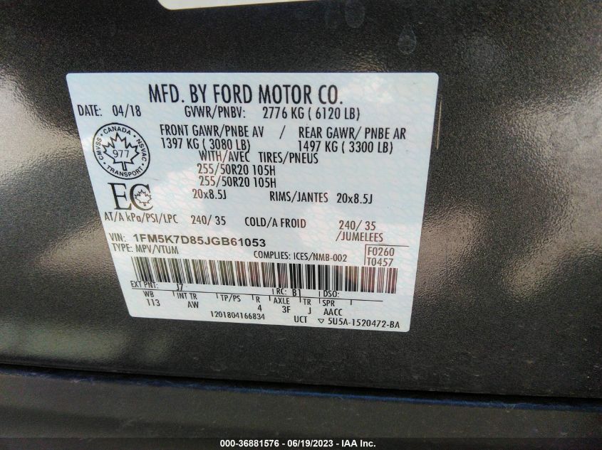 2018 FORD EXPLORER XLT - 1FM5K7D85JGB61053