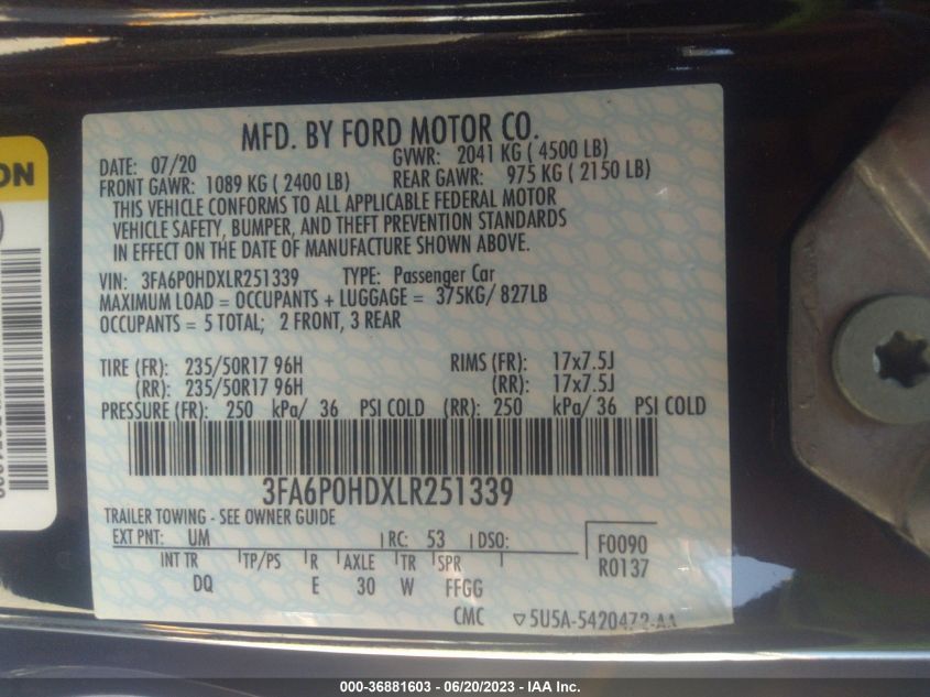 2020 FORD FUSION SE - 3FA6P0HDXLR251339