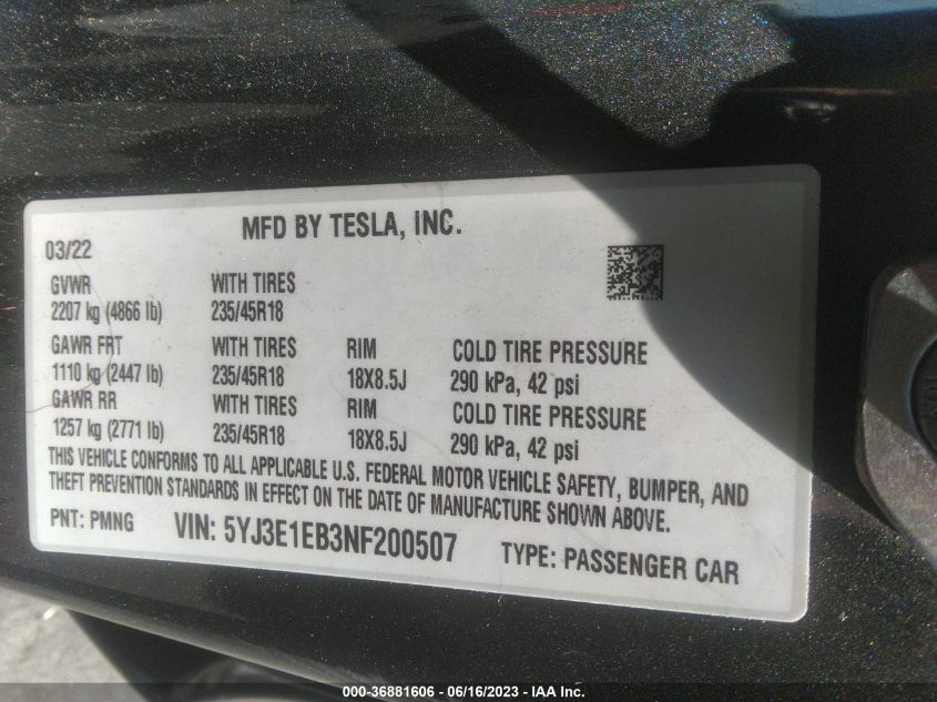 2022 TESLA MODEL 3 LONG RANGE - 5YJ3E1EB3NF200507