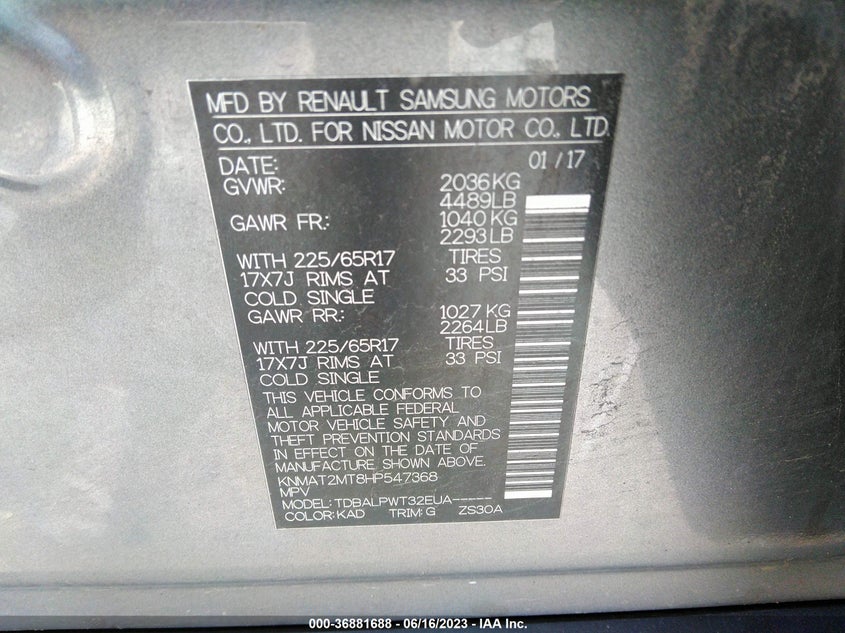 VIN KNMAT2MT8HP547368 2017 NISSAN ROGUE S