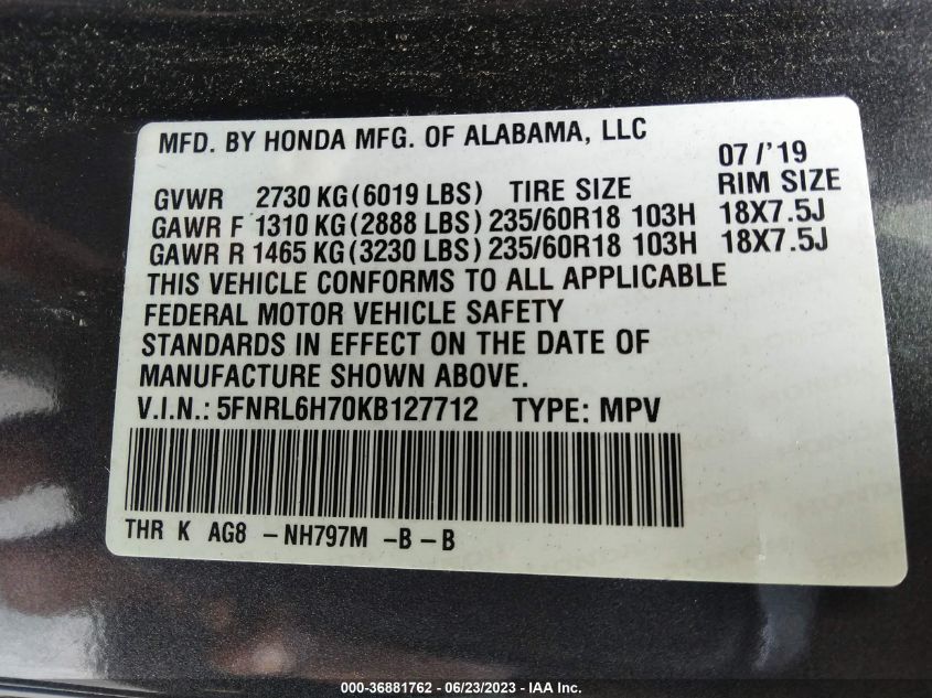 5FNRL6H70KB127712 2019 HONDA ODYSSEY, photo no. 9