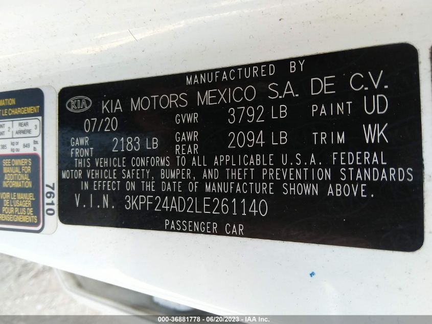 2020 KIA FORTE LXS - 3KPF24AD2LE261140