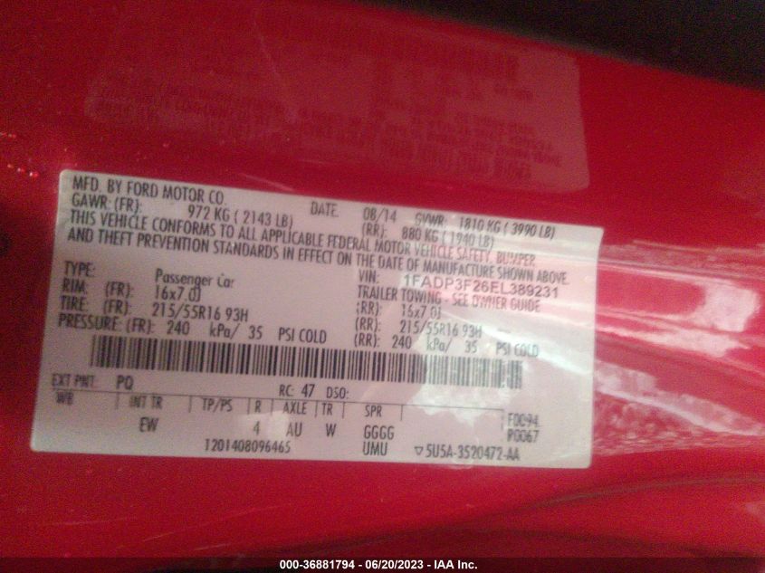 2014 FORD FOCUS SE - 1FADP3F26EL389231