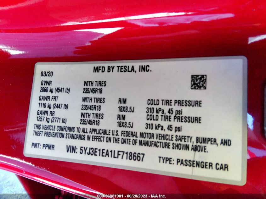 2020 TESLA MODEL 3 STANDARD RANGE - 5YJ3E1EA1LF718667