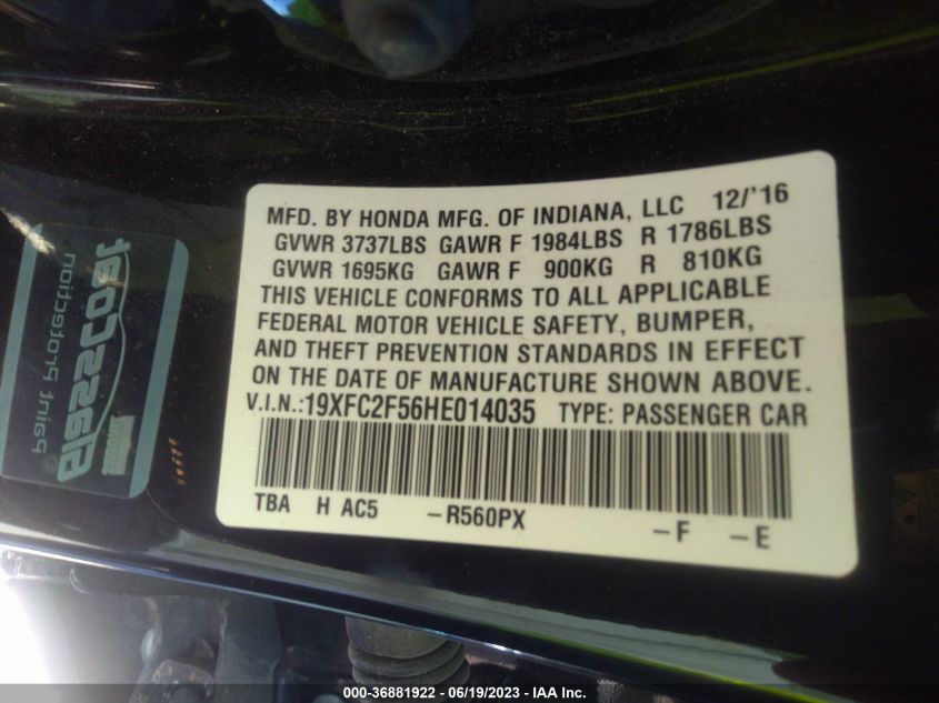 2017 HONDA CIVIC SEDAN LX - 19XFC2F56HE014035