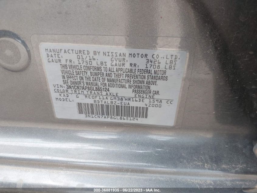 2016 NISSAN VERSA SV - 3N1CN7AP8GL865124