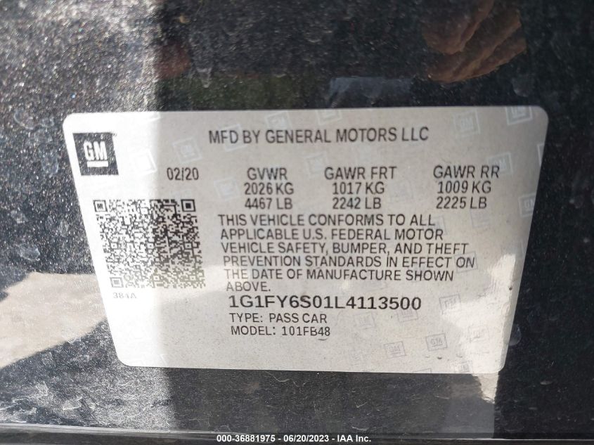 2020 CHEVROLET BOLT EV LT - 1G1FY6S01L4113500