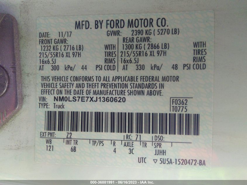 2018 FORD TRANSIT CONNECT VAN XL - NM0LS7E7XJ1360620