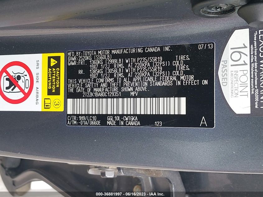 2013 LEXUS RX 350 - 2T2ZK1BA8DC129351