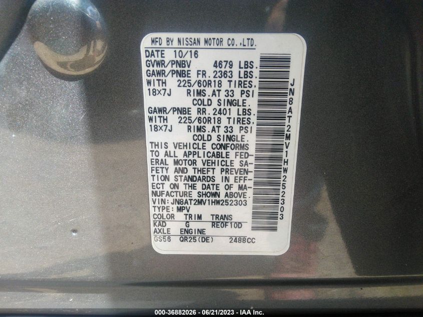 2017 NISSAN ROGUE SL - JN8AT2MV1HW252303